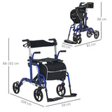 HOMCOM 2 in 1 Wheelchair Transport Chair & Folding Rollator Walker with Seat, Backrest, Footrest, Lightweight Walking Frame with Bag, Adjustable Height, 4 Wheeled Walker for Seniors, Pearl Blue