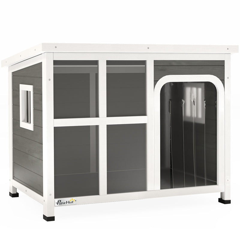 PawHut Wooden Dog House Outdoor with  Asphalt Openable Top, Removable Floor, Clear Front Panel, Curtain, 90 x 62 x 71cm