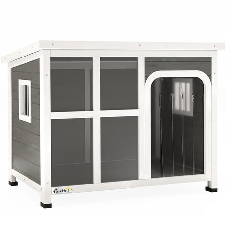 PawHut Wooden Dog House Outdoor with  Asphalt Openable Top, Removable Floor, Clear Front Panel, Curtain, 90 x 62 x 71cm