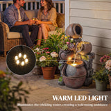 Outsunny Outdoor Fountain with 4-Tier Rustic Pots & Planter, Garden Fountain with LED Lights, Rustic Brown