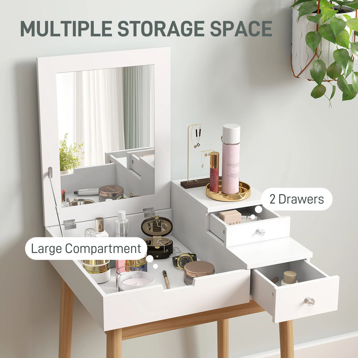 HOMCOM Dressing Table with Flip-up Mirror, Makeup Desk with 2 Drawers, Vanity Table Writing Desk for Bedroom Living Room, White