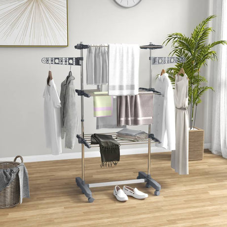 HOMCOM Three-Shelf Collapsing Clothes Horse, With Side Arms and Wheels - Grey