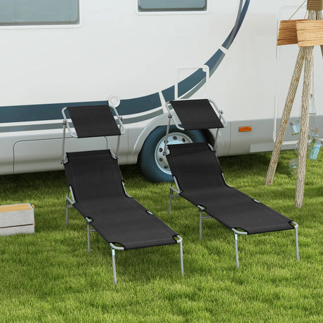 Outsunny Foldable Sun Lounger Set of 2 with Sun Shade & Adjustable Backrest - Black
