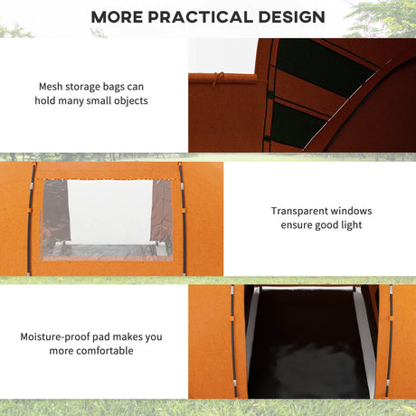 Outsunny 4-6 Man Camping Tent with Living Area and 2 Bedrooms, Hiking Sun Shelter, UV Protection Tunnel Tent, Orange