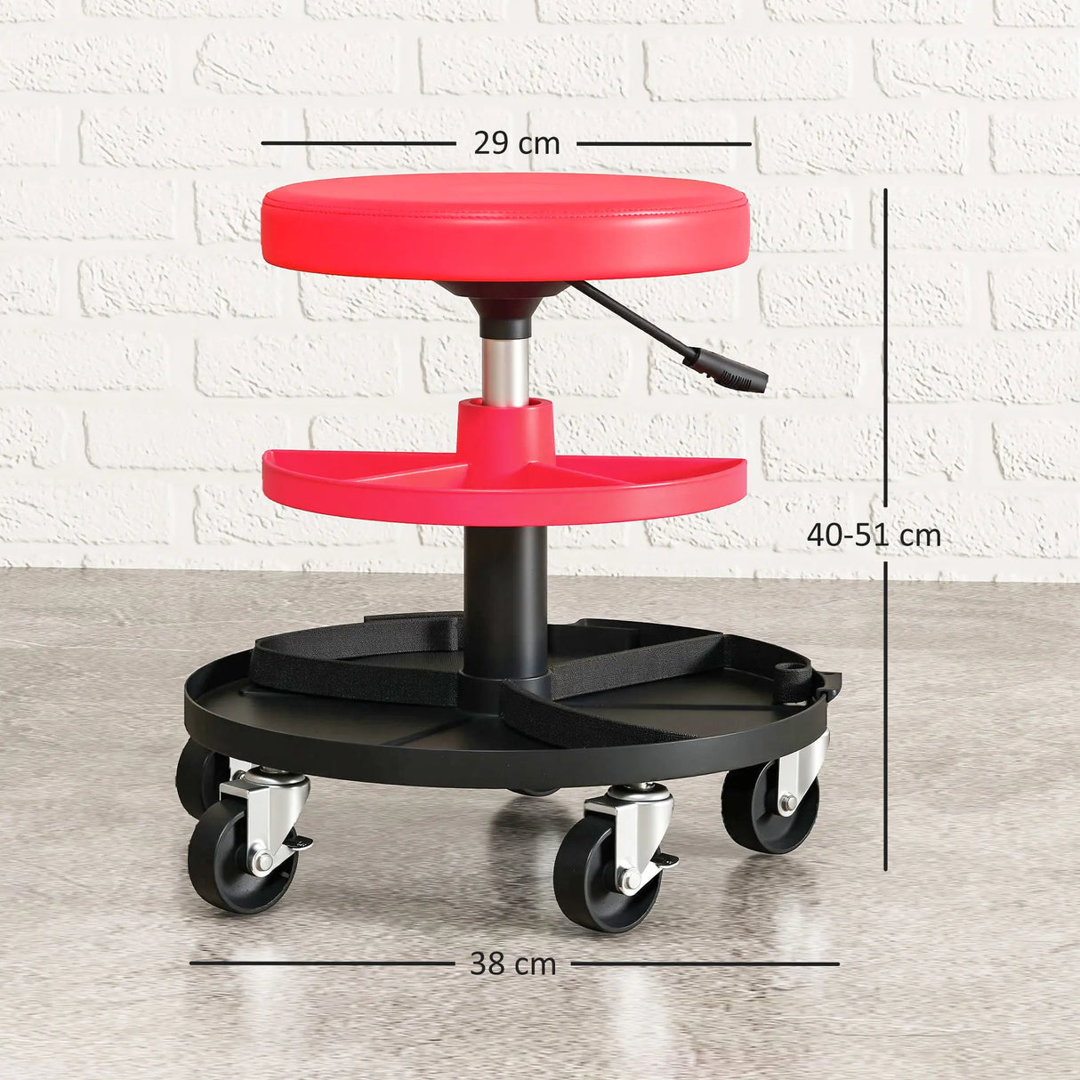 HOMCOM Rolling Mechanic Stool, 135kg Capacity Workshop Stool, 360 Swivel Roller Padded Creeper Seat with Wheels, Tool Trays Storage for Garage, Shop, Auto Repair, Red