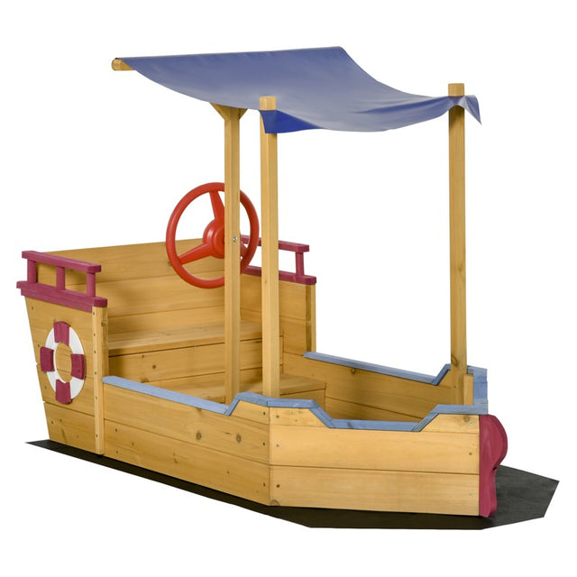 Outsunny Kids Wooden Sand Pit Children Sandbox Pirate Ship Sandboat Play Station for Outdoor w/ Canopy Shade Storage Bench Bottom Liner