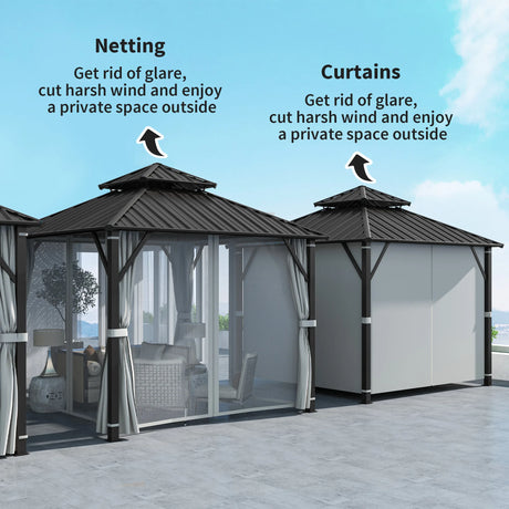 Outsunny 3 x 3(m) Hardtop Gazebo Canopy with Double Metal Roof, Waterproof Permanent Pavilion Garden Gazebo with Netting and Curtains, Easy to Assemble