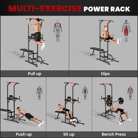 HOMCOM Multifunction Power Tower Home Workout Dip Station w/ Sit-up Bench Push-up Bars and Tension Ropes Fitness Equipment Office Gym Training
