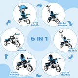 HOMCOM 6 in 1 Kids Trike Push Bike w/ Push Handle, Canopy, 5-point Seat Belt, Storage, Footrest, Brake, for 1-5 Years, Blue