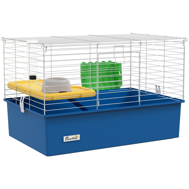 PawHut Chinchillas Small Rabbit Guinea Pig Small Animal Cage, Pet Playhouse, with Platform, Ramp, 71 x 46 x 47cm, Blue