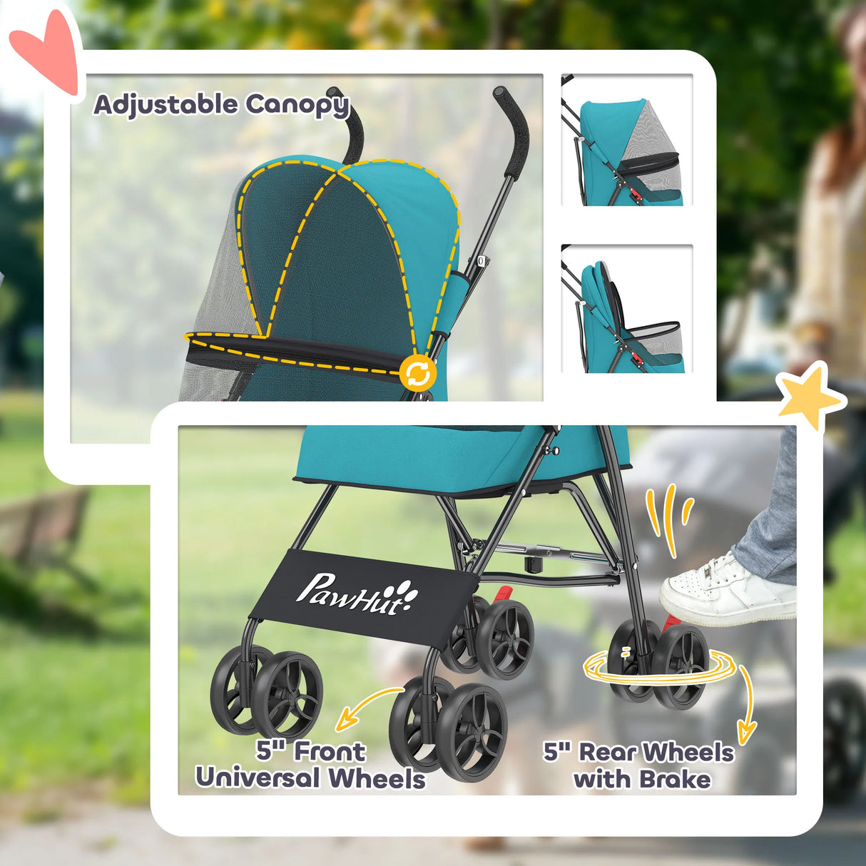 PawHut Dog Stroller, Foldable Cat Dog Pram for Miniature Breeds, Pet Stroller with Brake, Mesh Windows, Dark Green