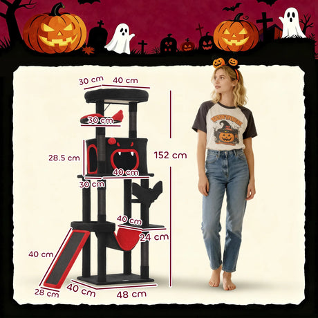 PawHut Gothic Cat Tree, 152 cm Multi-Level Cat Tower for Large Cats with Coffin Bed, Large Condo, for Halloween