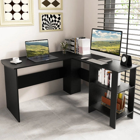 L-shaped Computer Desk with 2 Storage Shelves-Black