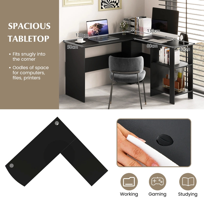 L-shaped Computer Desk with 2 Storage Shelves-Black