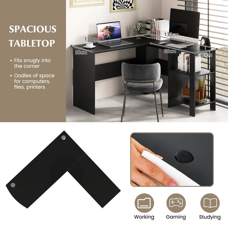 L-shaped Computer Desk with 2 Storage Shelves-Black