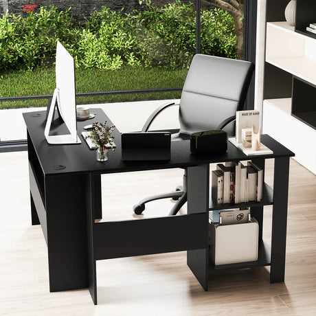 L-shaped Computer Desk with 2 Storage Shelves-Black