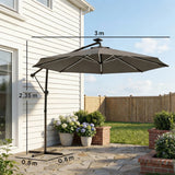 Outsunny 3 m Garden Cantilever Parasol with LED Solar Light, Round Overhanging Umbrella with 360 Rotation, Cover, Grey
