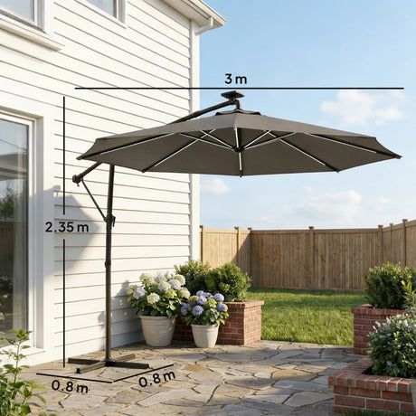 Outsunny 3 m Garden Cantilever Parasol with LED Solar Light, Round Overhanging Umbrella with 360 Rotation, Cover, Grey