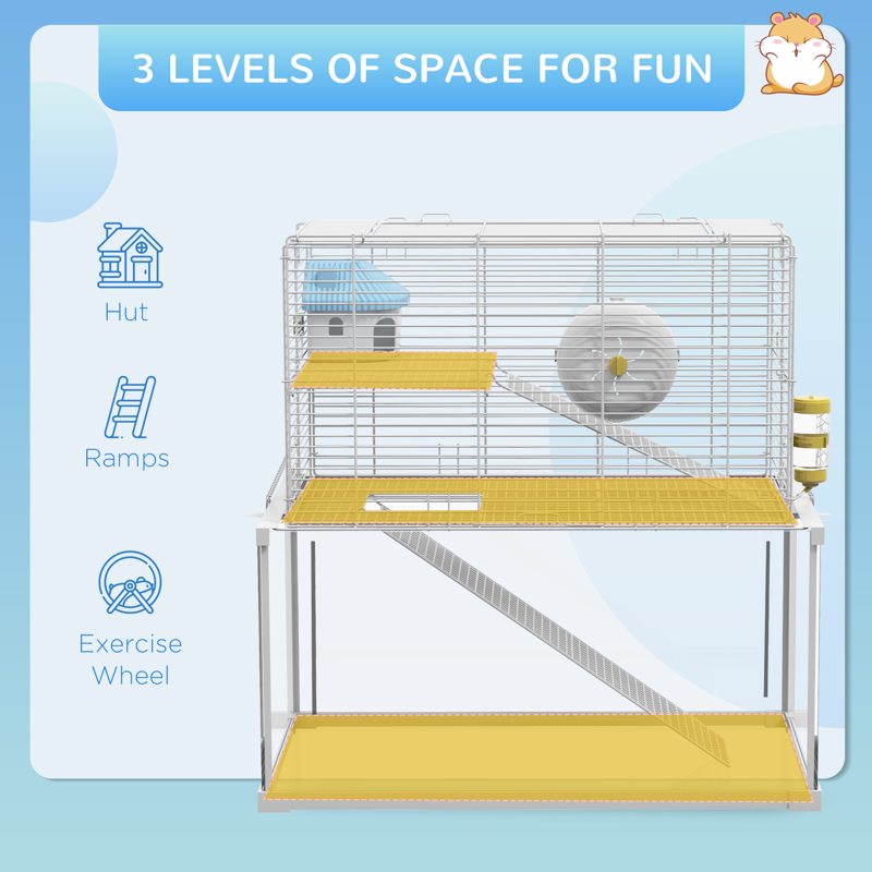 PawHut Gerbil Cage, Dwarf Hamster Cage w/ Deep Glass Bottom, Ramps, Platforms, Hut, Exercise Wheels, Water Bottle - White