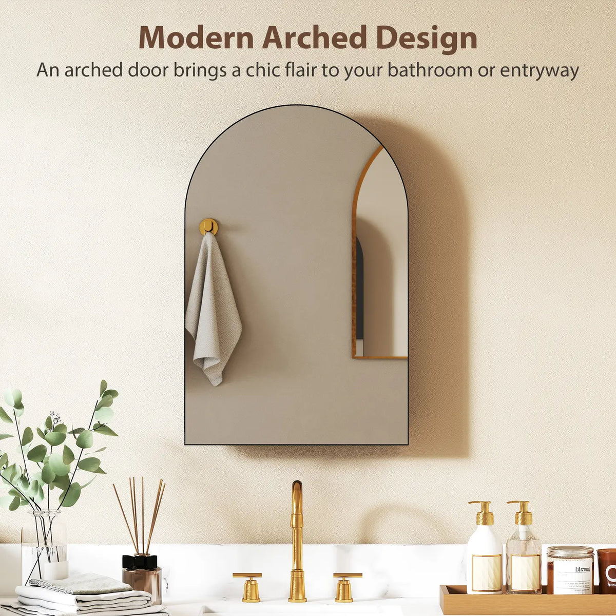 HOMCOM Bathroom Mirror Cabinet with Mirror, Arched Wall Mounted Bathroom Cabinet with Storage Shelves, Black