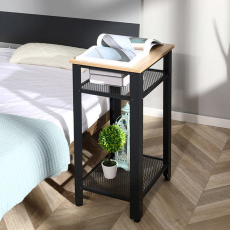 HOMCOM Tall Side Table with 3 Layer 2 Shelves Storage Display Industrial-Style Metal Frame Bedside End Table Nightstand for Living Room Bedroom Lounge