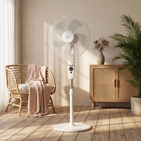 HOMCOM 124cm Pedestal Fan with Sleep Mode, Oscillating Standing Fan with 3 Modes, Remote Control, Adjustable Height, White