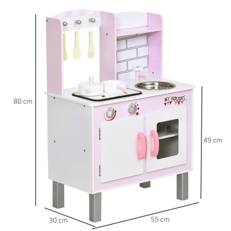 HOMCOM Kids Pretend Kitchen Playset w/ Cooking Toy Accessories - Pink