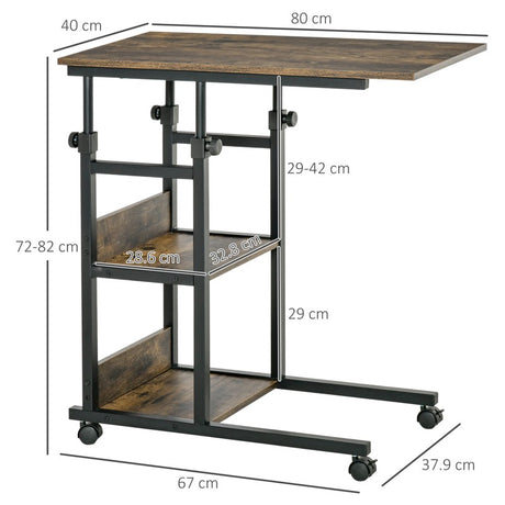 HOMCOM C-Shaped Side Table Industrial Mobile Rolling End Desk with 3-Tier Storage Shelving, Adjustable Height, Wheels