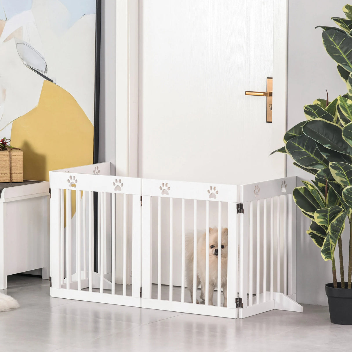 PawHut Freestanding Pet Gate 4 Panel Wooden Dog Barrier Folding Safety Fence with Support Feet up to 204cm Long 61cm Tall for Doorway Stairs White