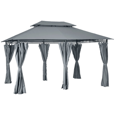 Outsunny 4m x 3(m)Garden Gazebo, Double Roof Outdoor Gazebo Canopy Shelter with Curtains, Solid Steel Frame for Lawn and Deck, Grey