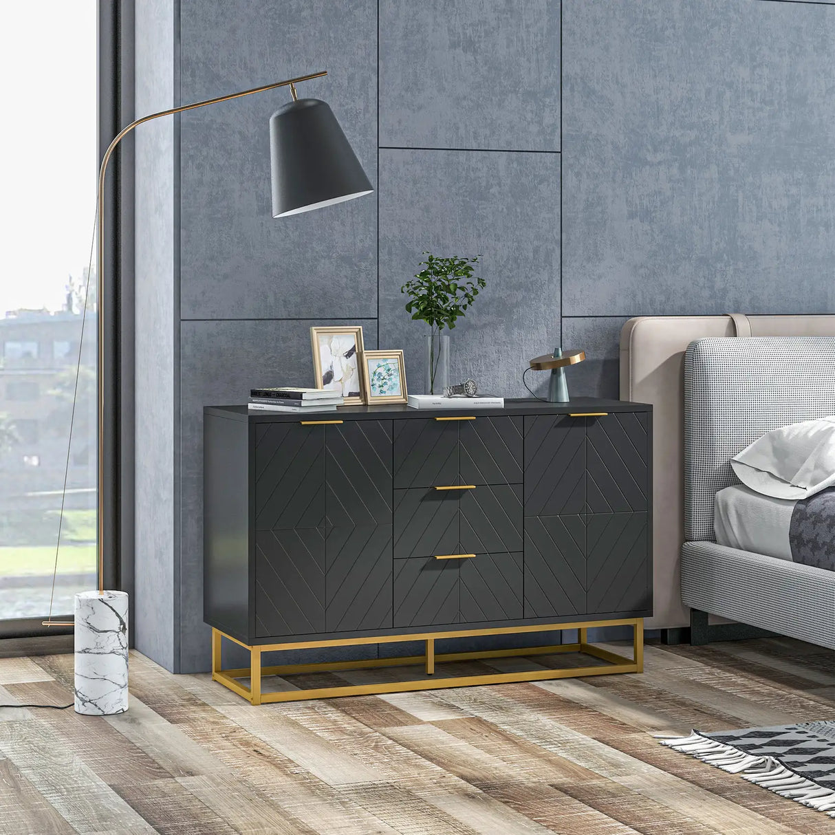 HOMCOM Sideboard with 3 Drawers and Adjustable Shelves for Living Room - Black