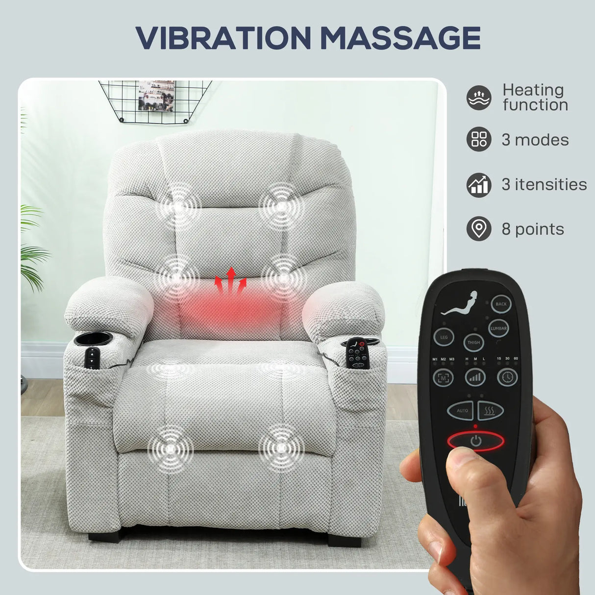 HOMCOM Electric Massage Recliner Armchair with Vibration, Heat, Whisper-Quiet Motor, Memory Function, Fleece Power Reclining Chair with Spring Pack, USB Port, Footrest, Side Pocket, Cup Holders, Grey