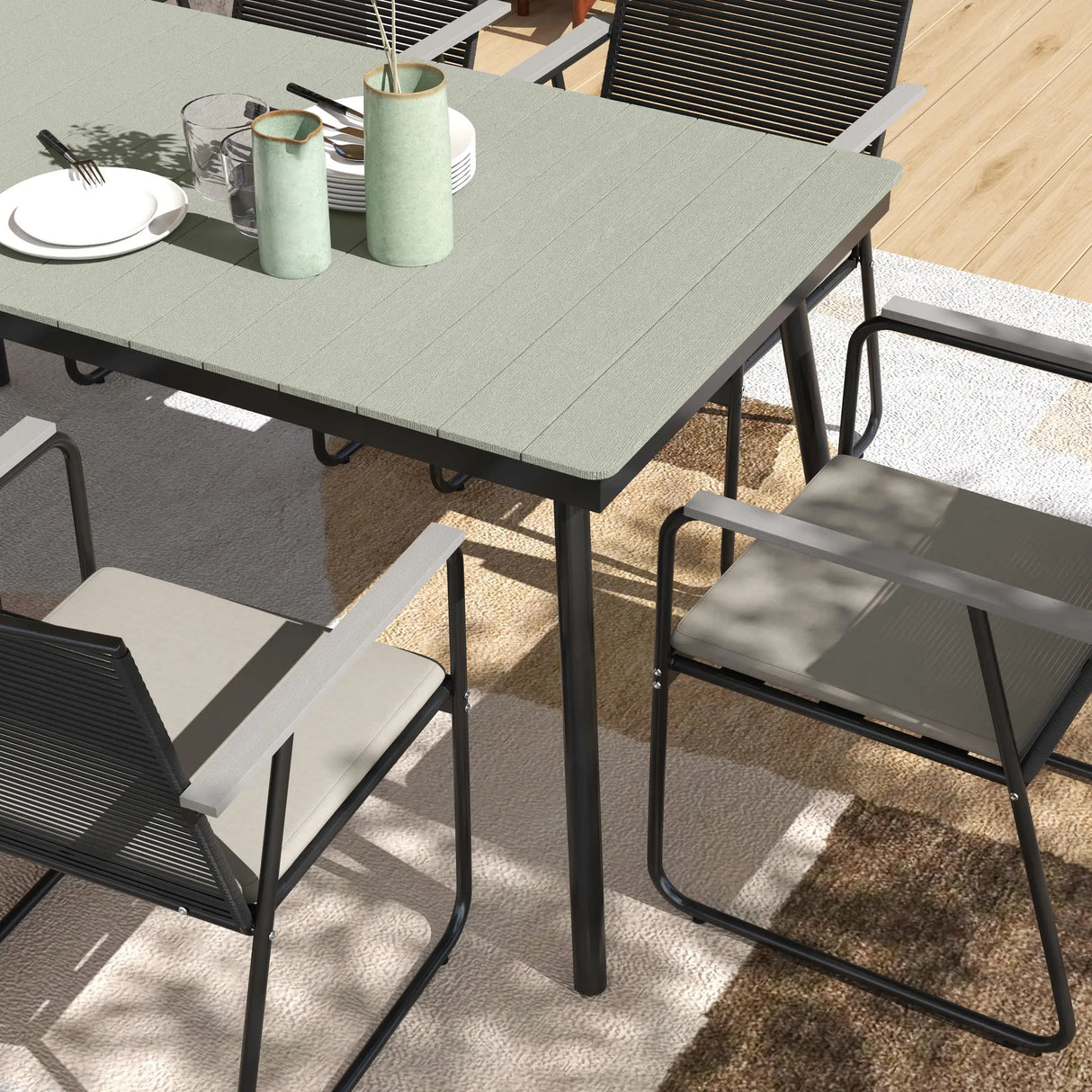 Outsunny 6 Seater Garden Dining Set with Soft Cushions, Rattan Backrest, Rectangular Plastic Top, Garden Furniture Set, Outdoor Dining Table and Chairs for Patio, Balcony, Poolside, Grey