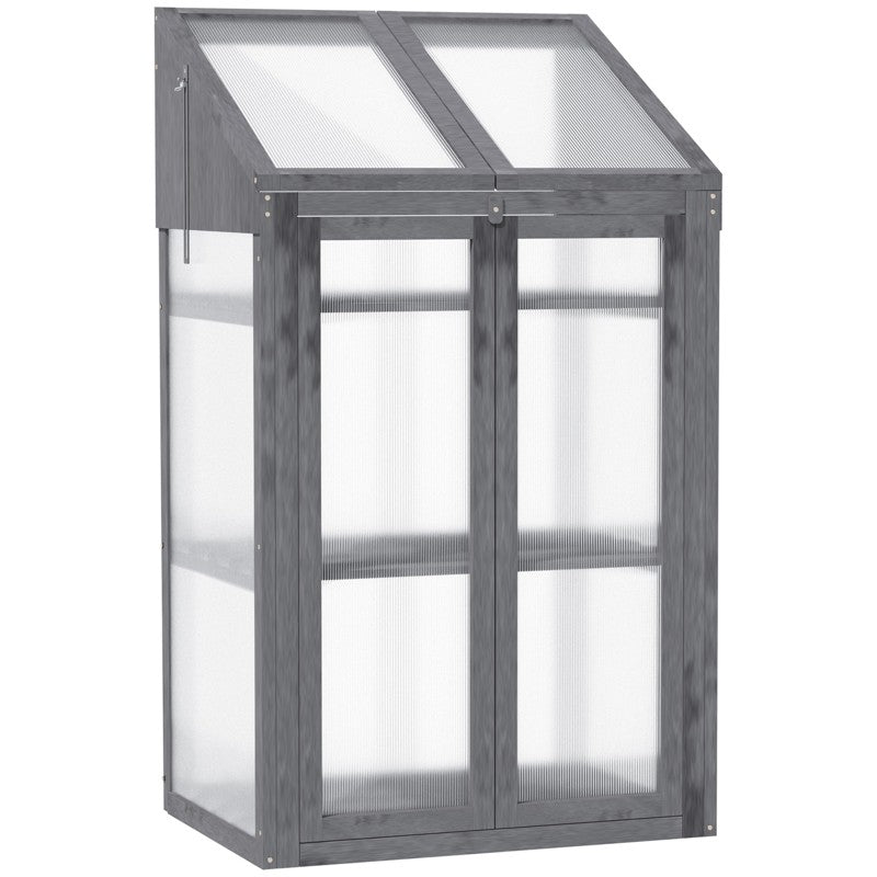 Outsunny Wooden Cold Frame Polycarbonate Greenhouse with Openable Top Cover and Double Door, Grow House for Flower, Vegetable and Plants, 70 x 50 x 120cm, Grey