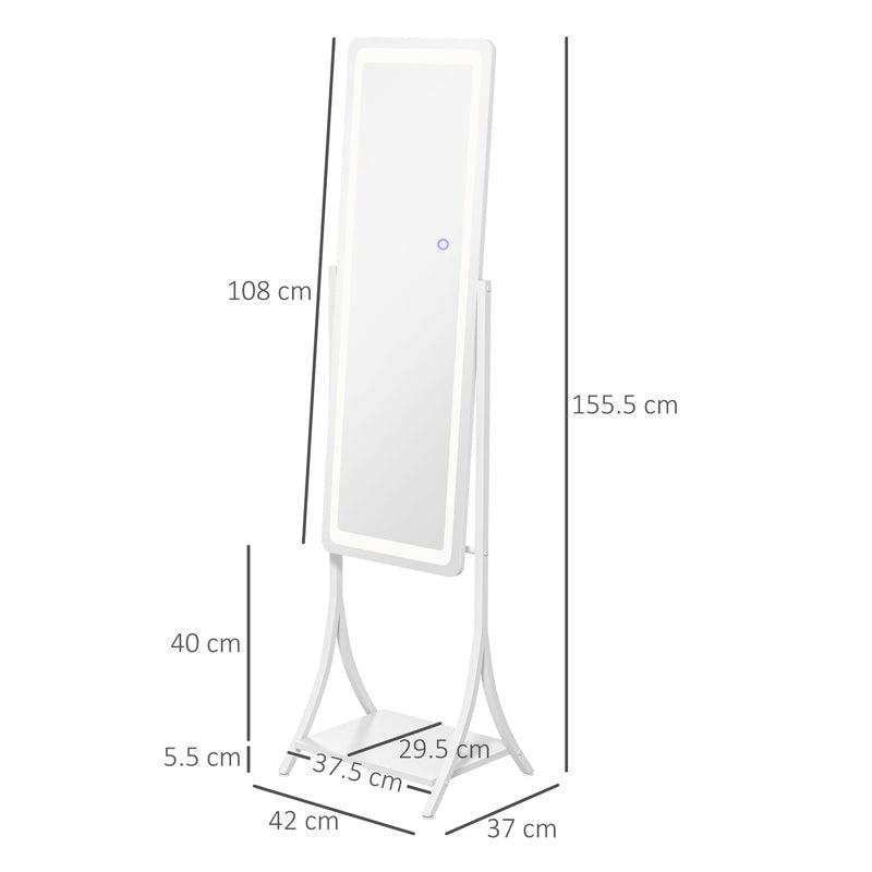 HOMCOM Free Standing Dressing Mirror with LED Lights, Full Length Mirror with 3 Temperature Colours and Storage Shelf