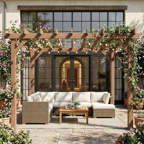 Outsunny 3 x 3 m Wooden Pergola Kit, Garden Pergola Gazebo Grape Trellis with Triangle Supports, Maple Wood-effect