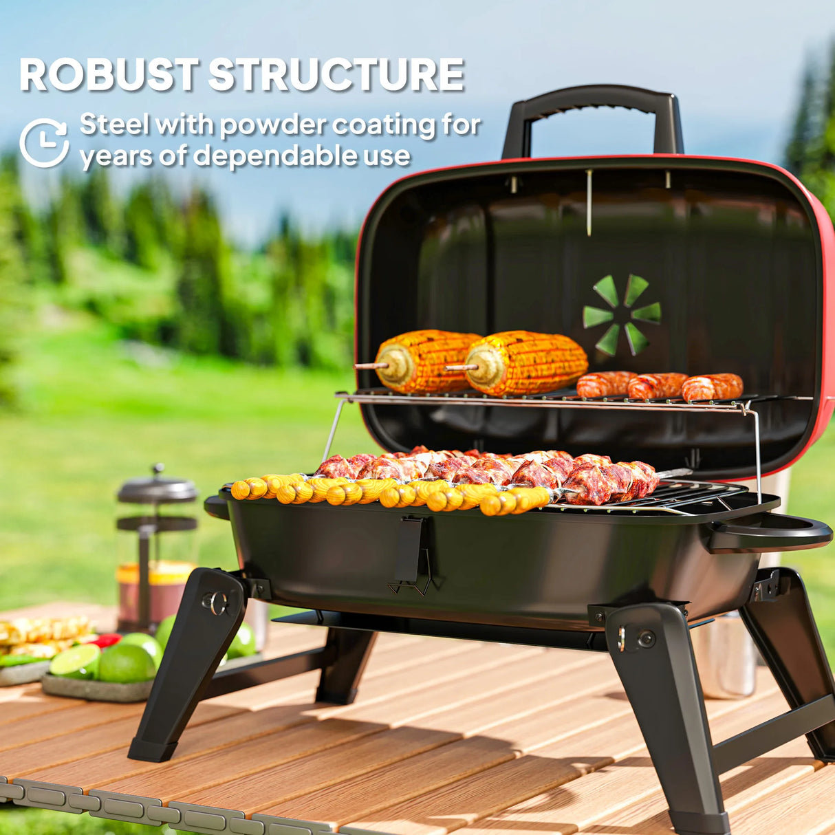 Outsunny Charcoal Barbecue Grill Folding BBQ Grill with 1232 cm2 Cooking Area, Adjustable Vent, Thermometer, Handles for Camping Picnic, Red