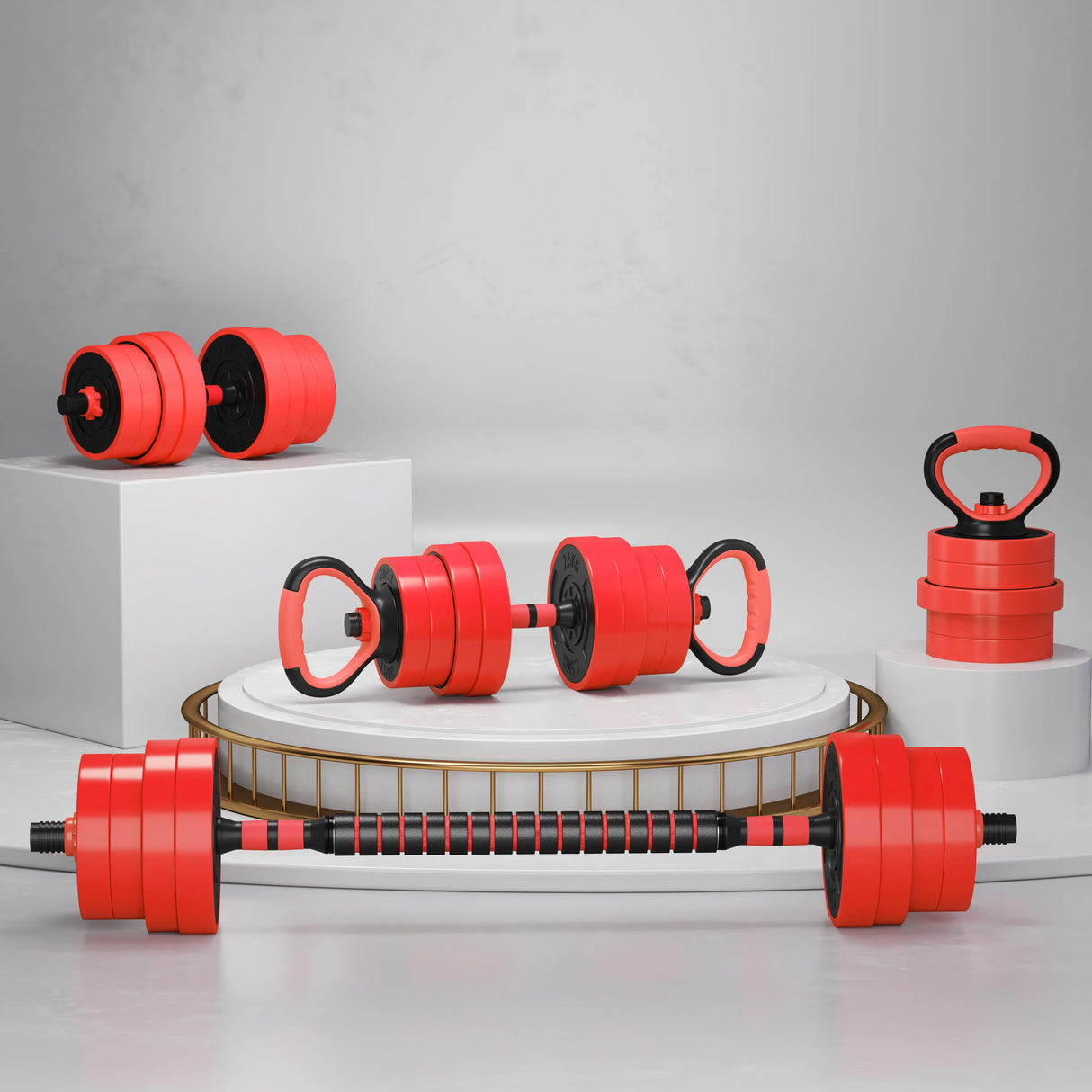 SPORTNOW 30kg Four-In-One Adjustable Weight Dumbbells Set, Barbell, Kettlebell, Push Up Stand - Red