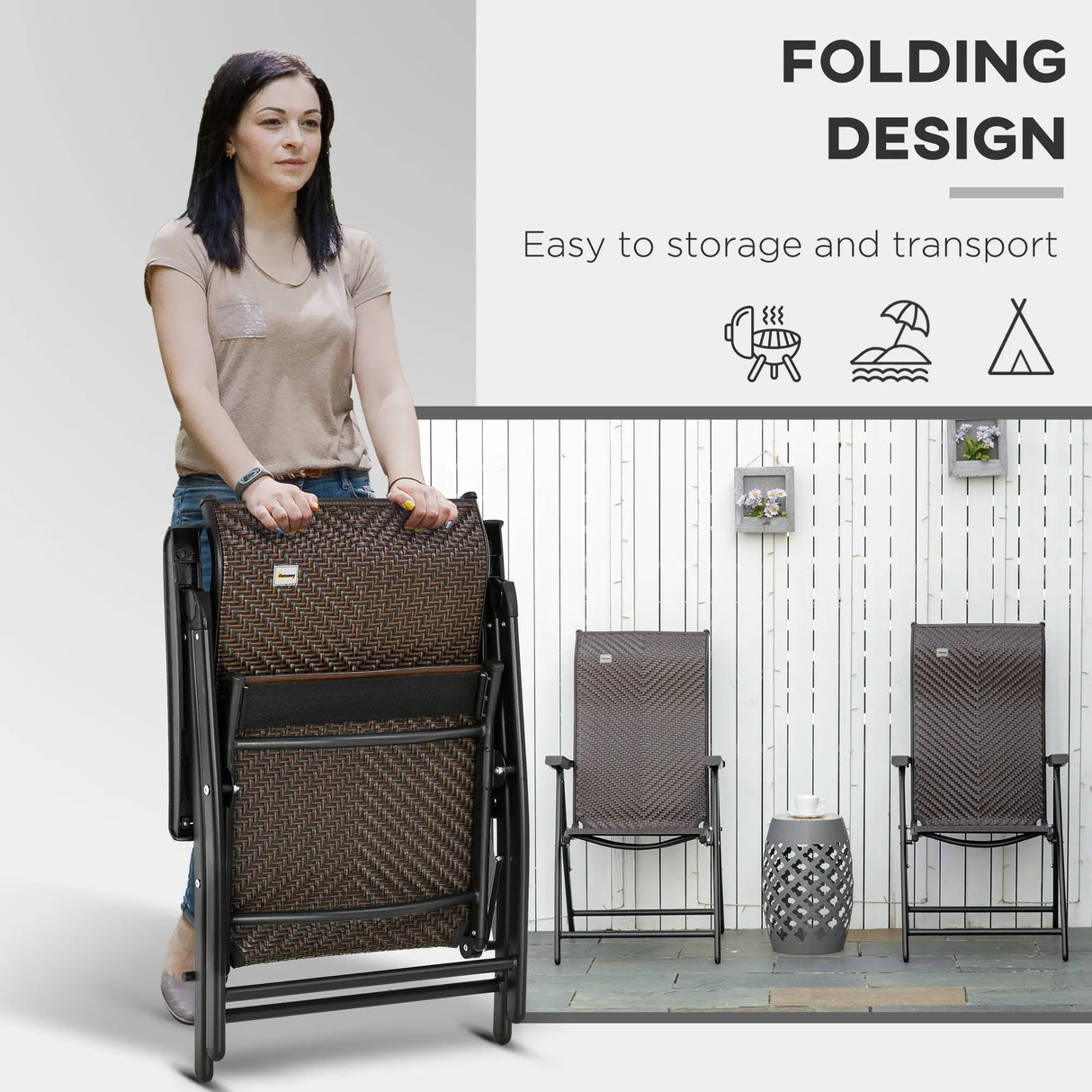 Outsunny Set of Two Folding Garden Chairs, with Seven-Position Adjustable Backs - Brown