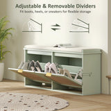 HOMCOM Boho Shoe Bench with Padded Seat and 2 Flip-Drawers - Light Green