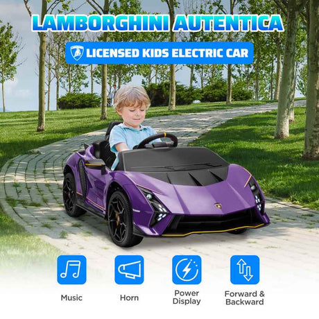 AIYAPLAY 12V Lamborghini Autentica Licensed Kids Electric Car with Remote Control, 4 Suspension Wheels, Soft Start, Purple