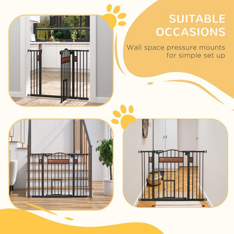 PawHut Pet Gate Safety Gate, with Cat Flap, Auto Close, for Staircases, Doorways, Hallways, 74-105cm Wide - Black