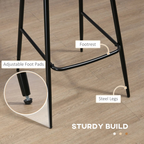 HOMCOM Bar Stools Set of 2, PU Leather Upholstered Bar Chairs, Breakfast Kitchen Counter Chairs with Backs, Steel Legs and Footrests for Dining Room, Brown