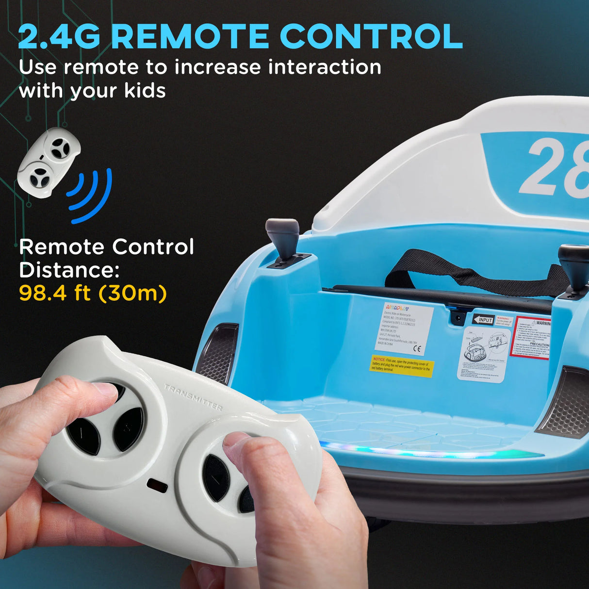AIYAPLAY 360 Rotation Kids Bumper Car, 12V Waltz Car with Remote Control, Dual Joystick, Music, Lights, Light Blue