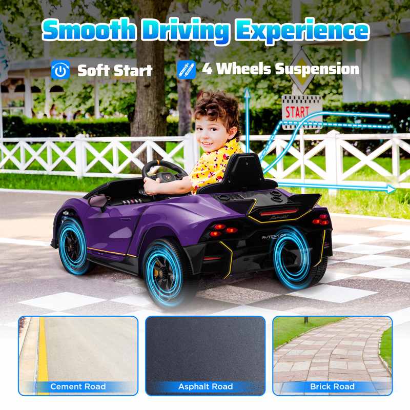 AIYAPLAY 12V Lamborghini Autentica Licensed Kids Electric Car with Remote Control, 4 Suspension Wheels, Soft Start, Purple