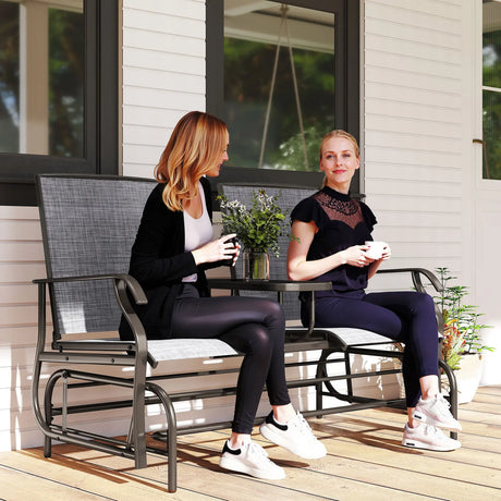 Outsunny 2 Seats Garden Glider Bench, Metal Frame Loveseat with Glass Top  Centre Table, Porch Rocking Glider for 2 Person, for Deck, Patio, Brown/ Grey