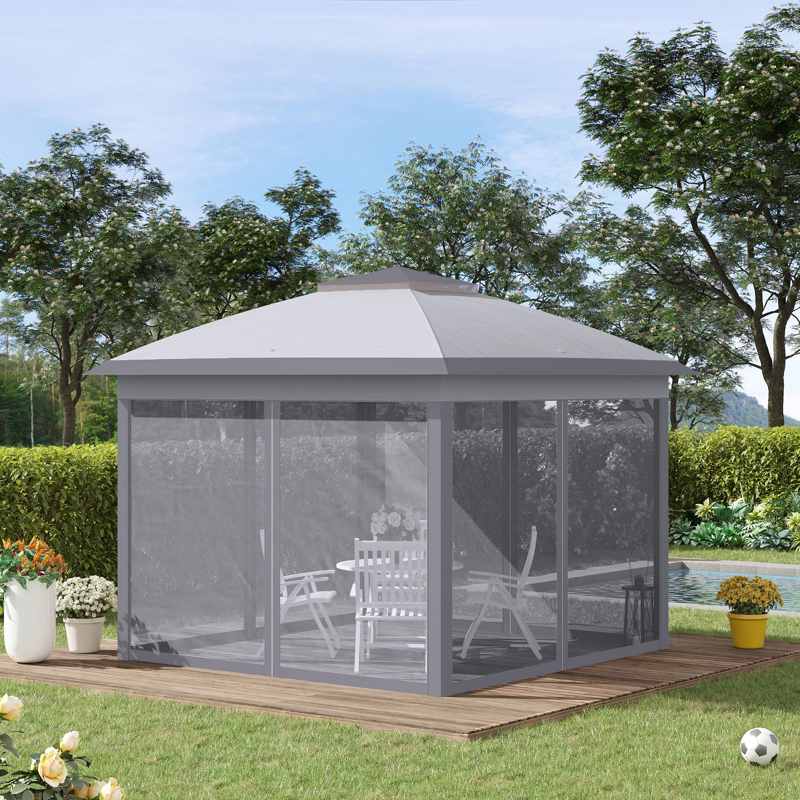 Outsunny 3.3 x 3.3m Pop Up Gazebo, Double Roof Foldable Canopy Tent with Zipped Mesh Sidewalls, Height Adjustable and Carrying Bag, Event Tent for Patio Garden, Grey