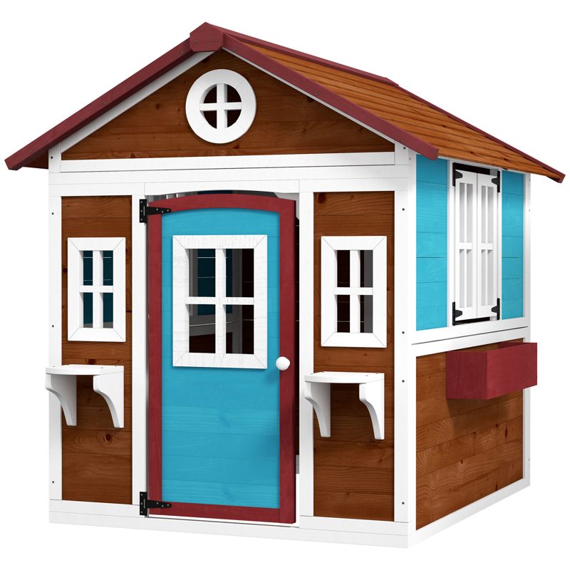 Outsunny Wooden Playhouse with Doors, Windows, Plant Pots, Boxes, for 3-8 Years - Dark Brown