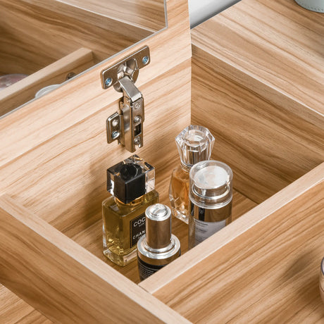 HOMCOM Dressing Table with Flip-Up Mirror and Cushioned Stool, Makeup Vanity Desk with Hidden Compartments and Storage Drawer, Convertible Writing Table for Bedroom, Natural