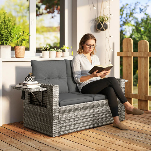 Outsunny 2 Seater Rattan Garden Sofa Outdoor Loveseat with Hidden Side Trays and Cushions for Patio Balcony, Dark Grey